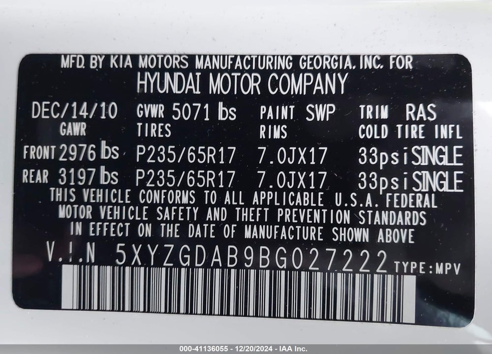 2011 HYUNDAI SANTA FE GLS VIN: 5XYZGDAB9BG027222