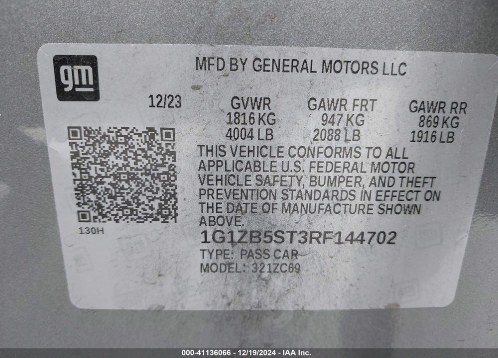 2024 CHEVROLET MALIBU FWD LS VIN: 1G1ZB5ST3RF144702