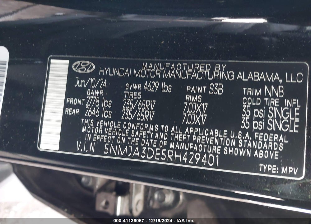 2024 HYUNDAI TUCSON SE VIN: 5NMJA3DE5RH429401