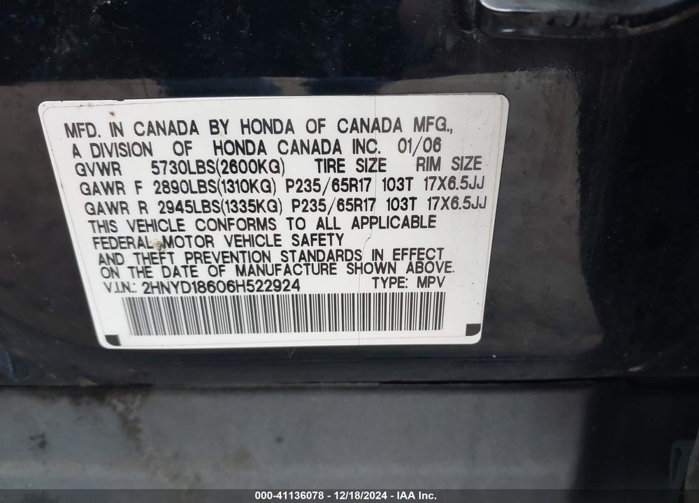 2006 ACURA MDX VIN: 2HNYD18606H522924