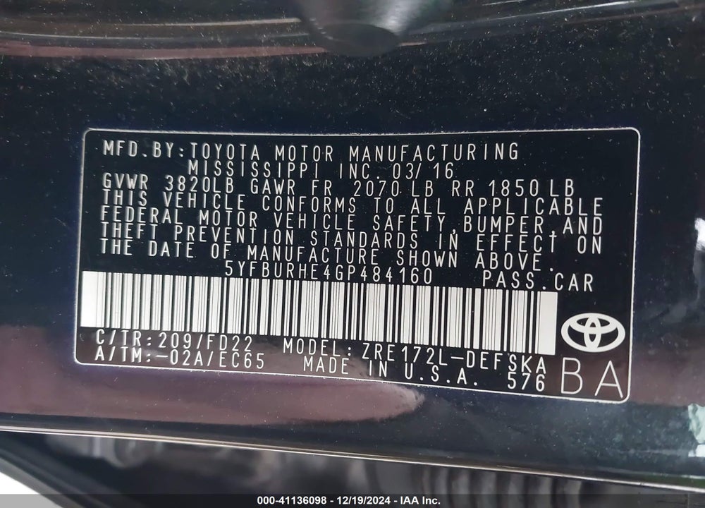2016 TOYOTA COROLLA S PLUS VIN: 5YFBURHE4GP484160
