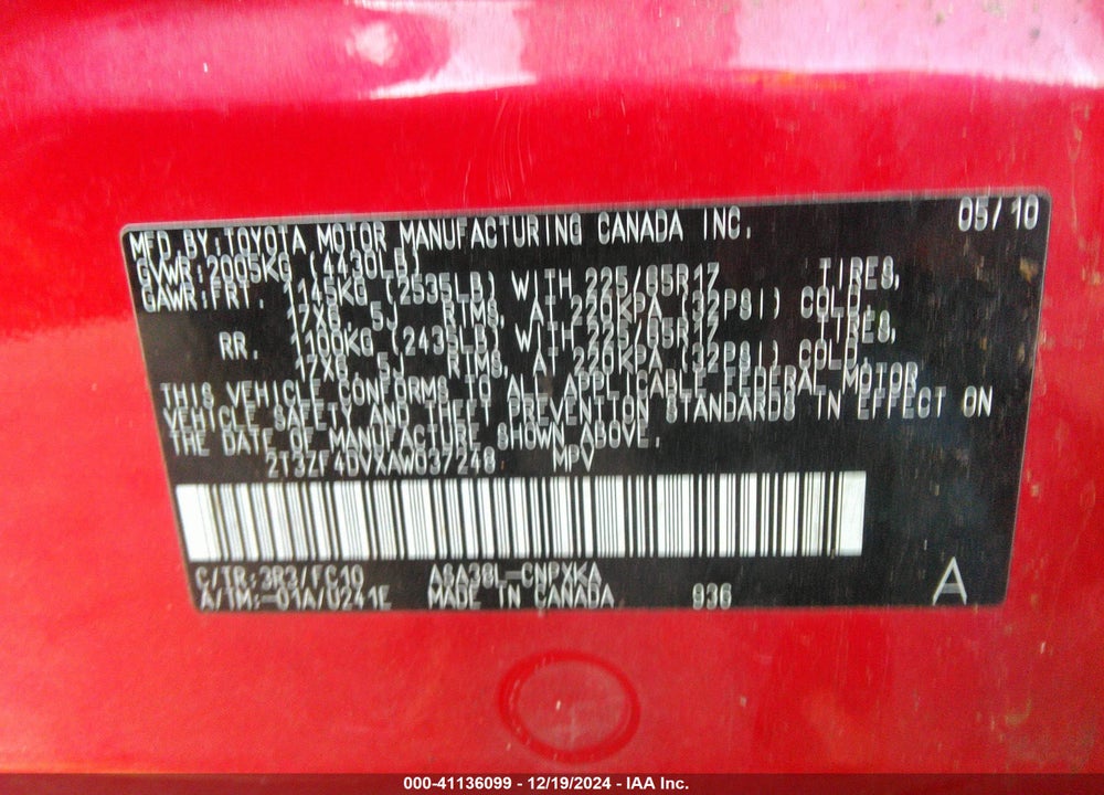 2010 TOYOTA RAV4 VIN: 2T3ZF4DVXAW037248
