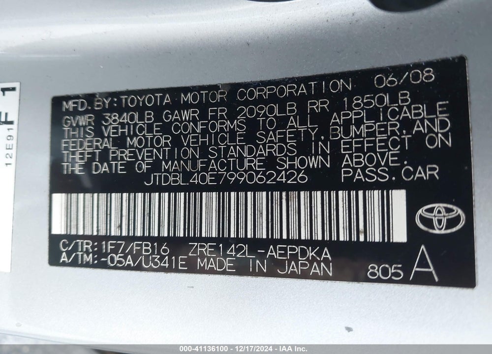 2009 TOYOTA COROLLA VIN: JTDBL40E799062426