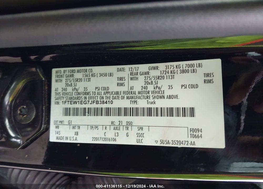 2018 FORD F-150 XLT VIN: 1FTEW1EG7JFB38410