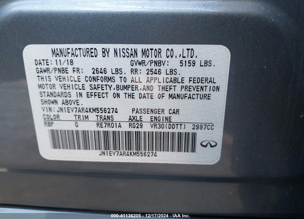2019 INFINITI Q50 3.0T LUXE VIN: JN1EV7AR4KM556274