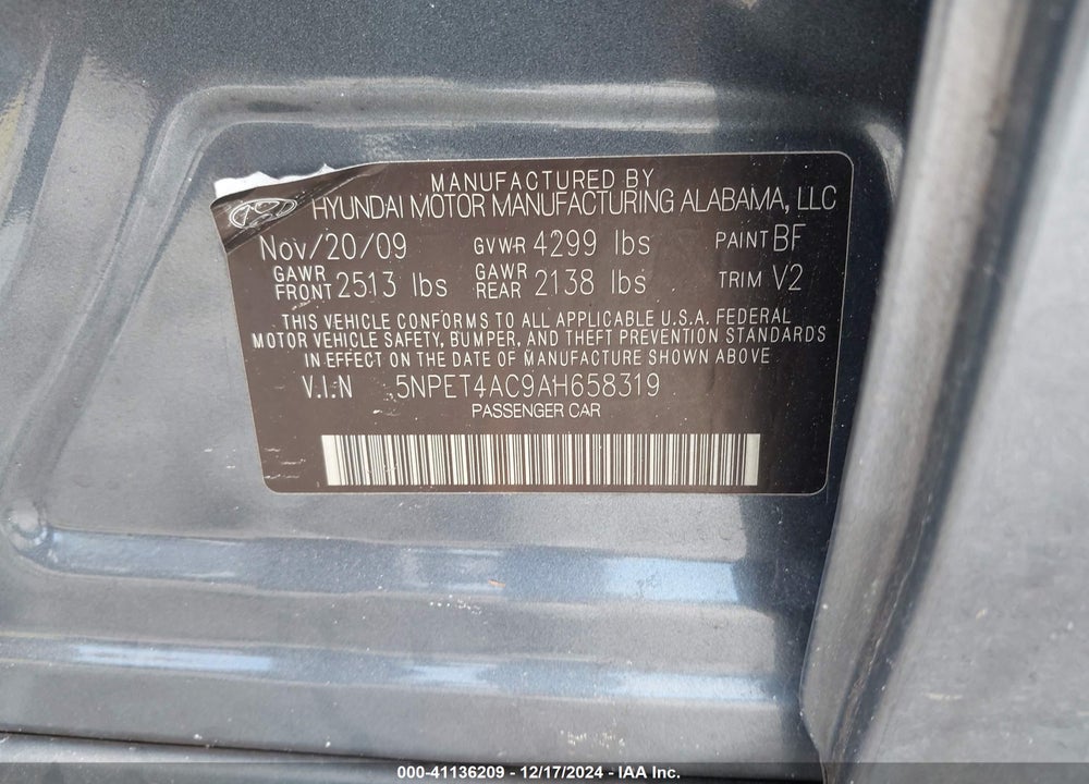 2010 HYUNDAI SONATA GLS VIN: 5NPET4AC9AH658319