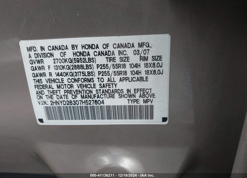 2007 ACURA MDX TECHNOLOGY PACKAGE VIN: 2HNYD28307H527604