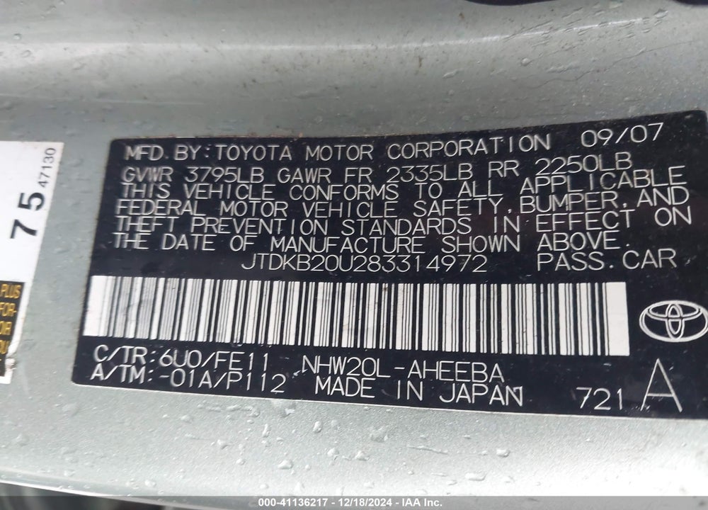 2008 TOYOTA PRIUS VIN: JTDKB20U283314972