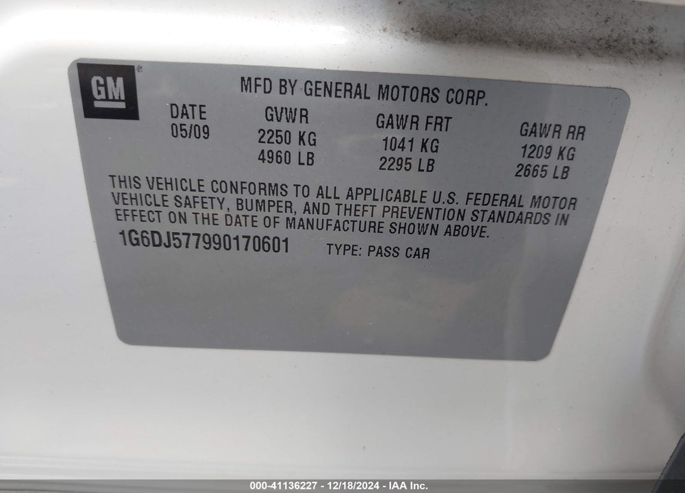 2009 CADILLAC CTS VIN: 1G6DJ577990170601