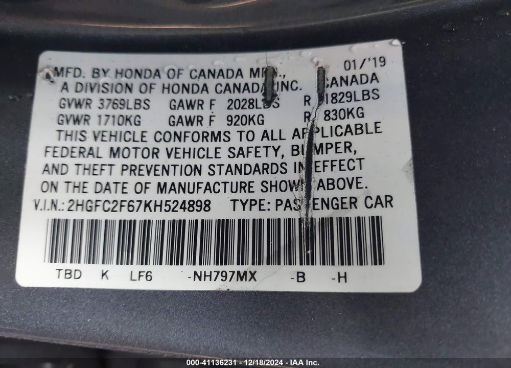 2019 HONDA CIVIC VIN: 2HGFC2F67KH524898