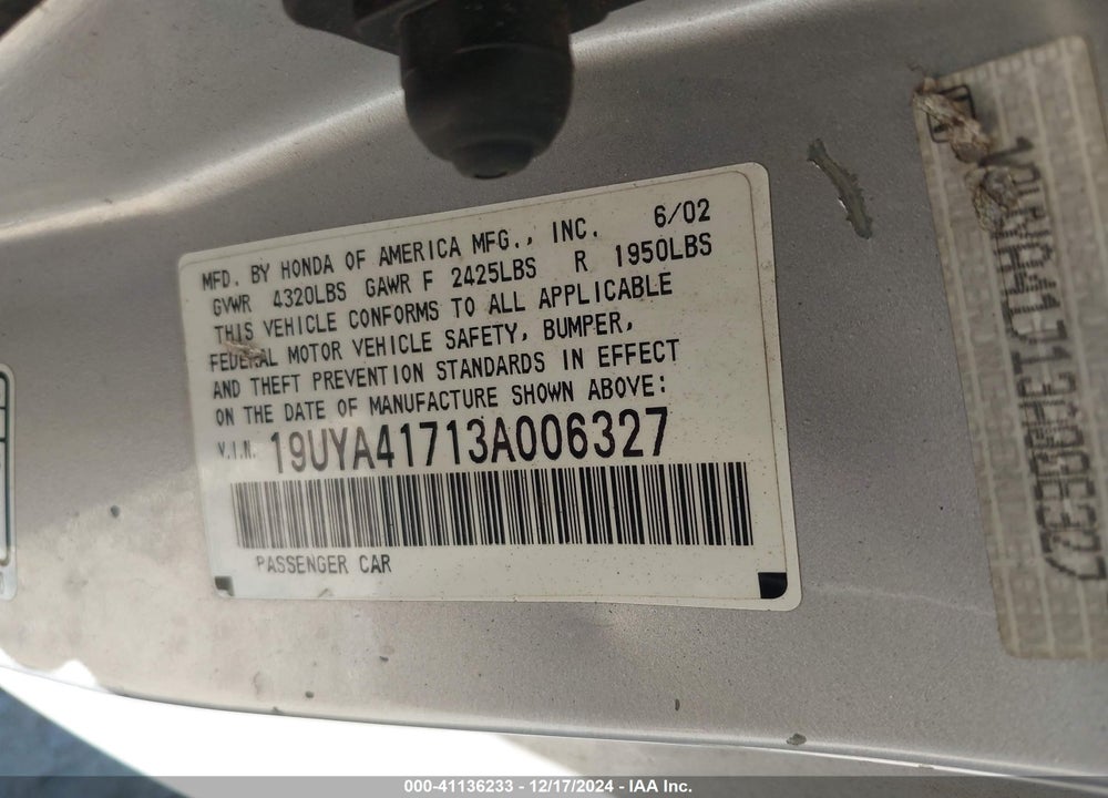 2003 ACURA CL 3.2 TYPE S VIN: 19UYA41713A006327