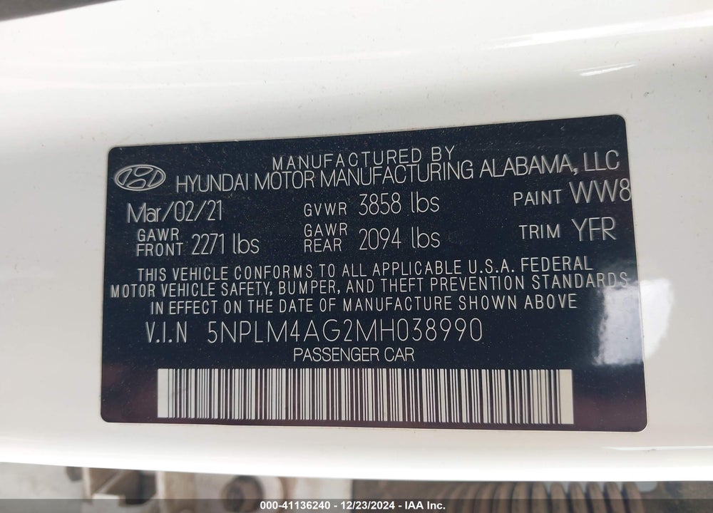 2021 HYUNDAI ELANTRA SEL VIN: 5NPLM4AG2MH038990