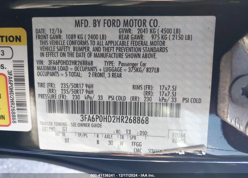 2017 FORD FUSION SE VIN: 3FA6P0HD2HR268868