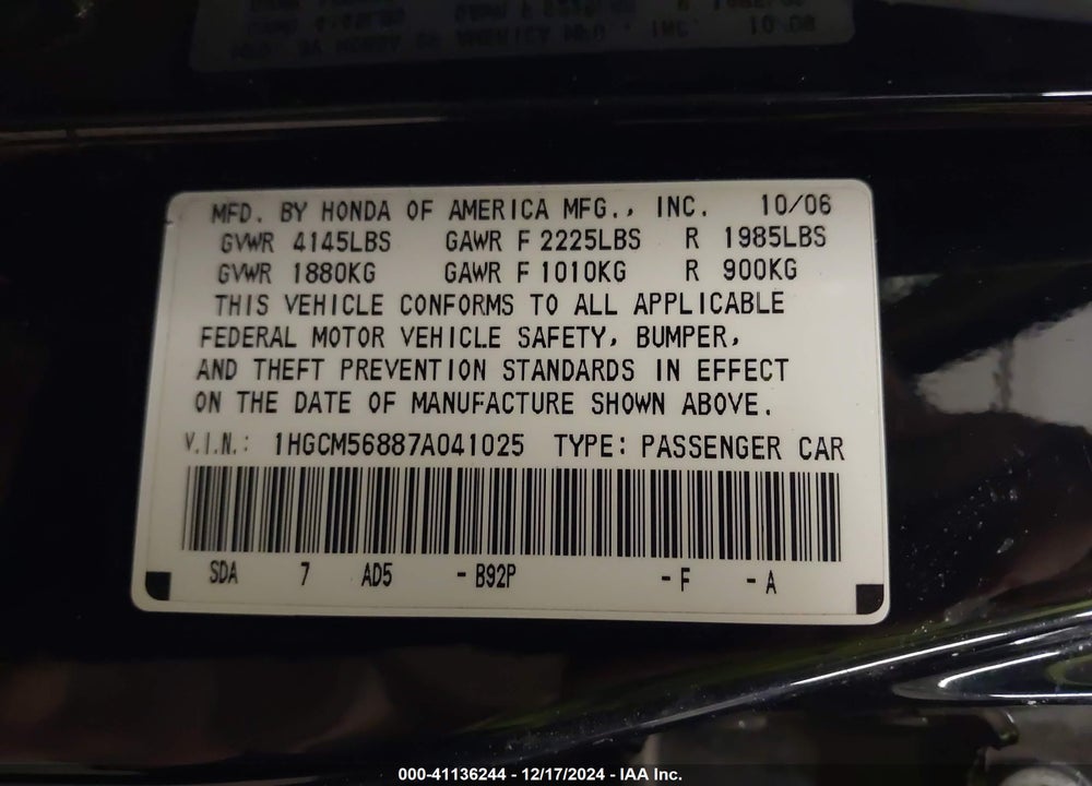 2007 HONDA ACCORD VIN: 1HGCM56887A041025