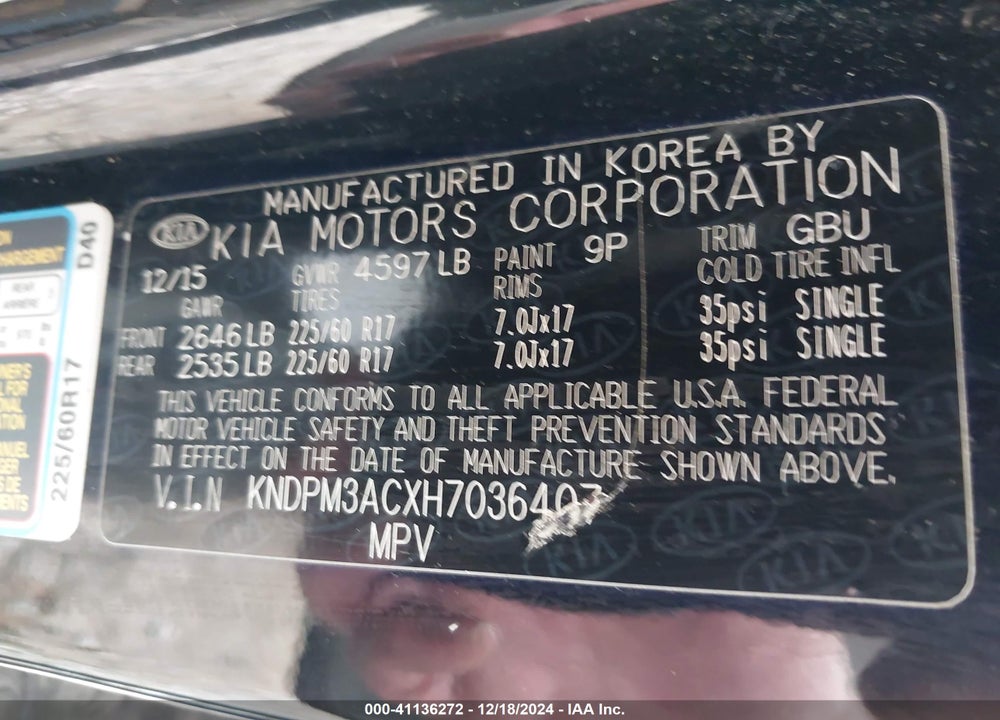 2017 KIA SPORTAGE LX VIN: KNDPM3ACXH7036407