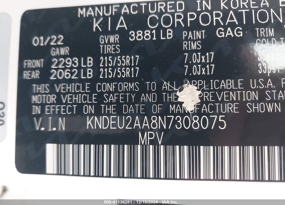 2022 KIA SELTOS S VIN: KNDEU2AA8N7308075
