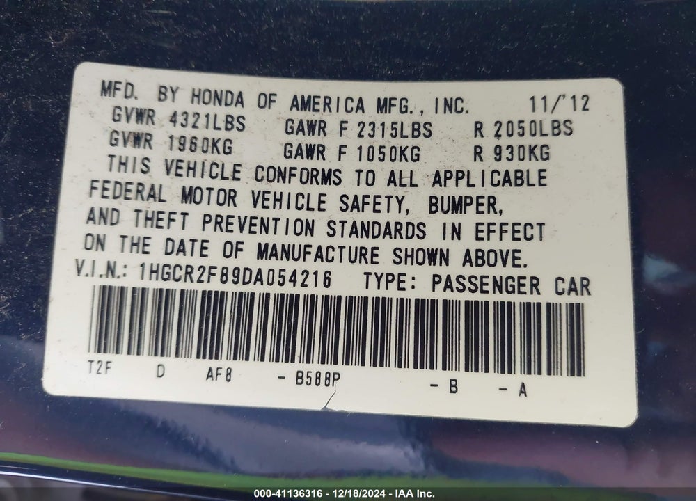 2013 HONDA ACCORD VIN: 1HGCR2F89DA054216