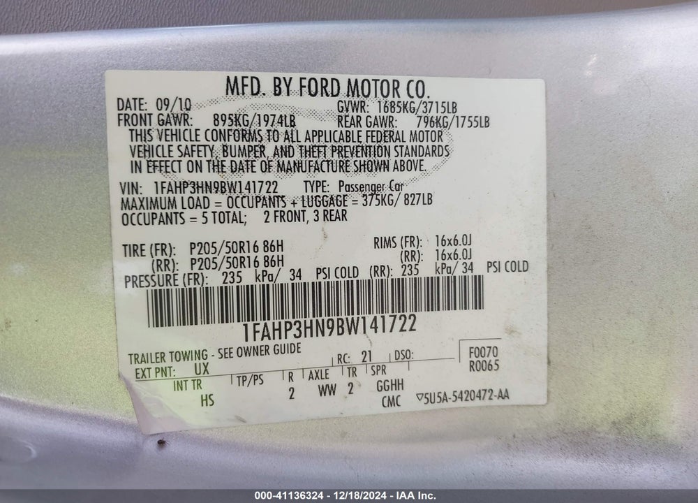 2011 FORD FOCUS SEL VIN: 1FAHP3HN9BW141722