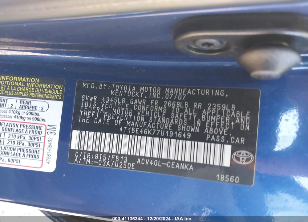 2007 TOYOTA CAMRY CE VIN: 4T1BE46K77U191649