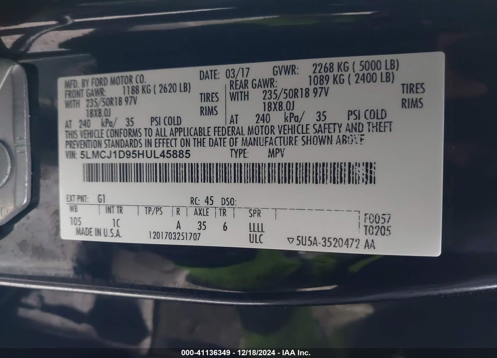 2017 LINCOLN MKC PREMIERE VIN: 5LMCJ1D95HUL45885