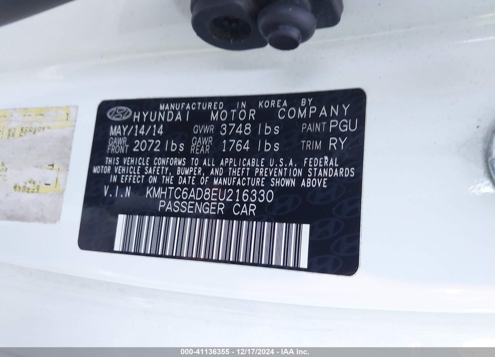 2014 HYUNDAI VELOSTER BASE W/BLACK VIN: KMHTC6AD8EU216330