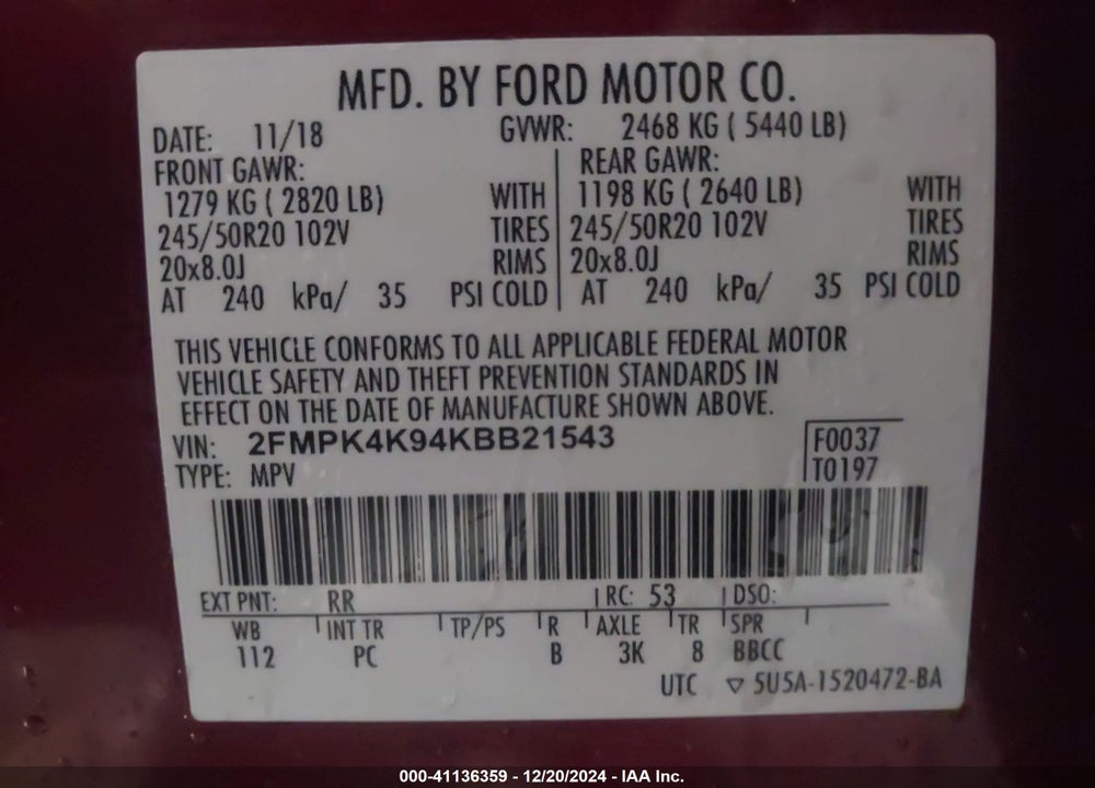 2019 FORD EDGE TITANIUM VIN: 2FMPK4K94KBB21543