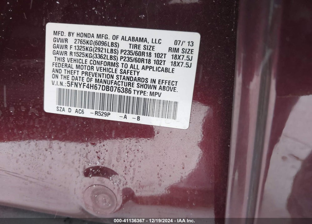 2013 HONDA PILOT EX-L VIN: 5FNYF4H67DB076386