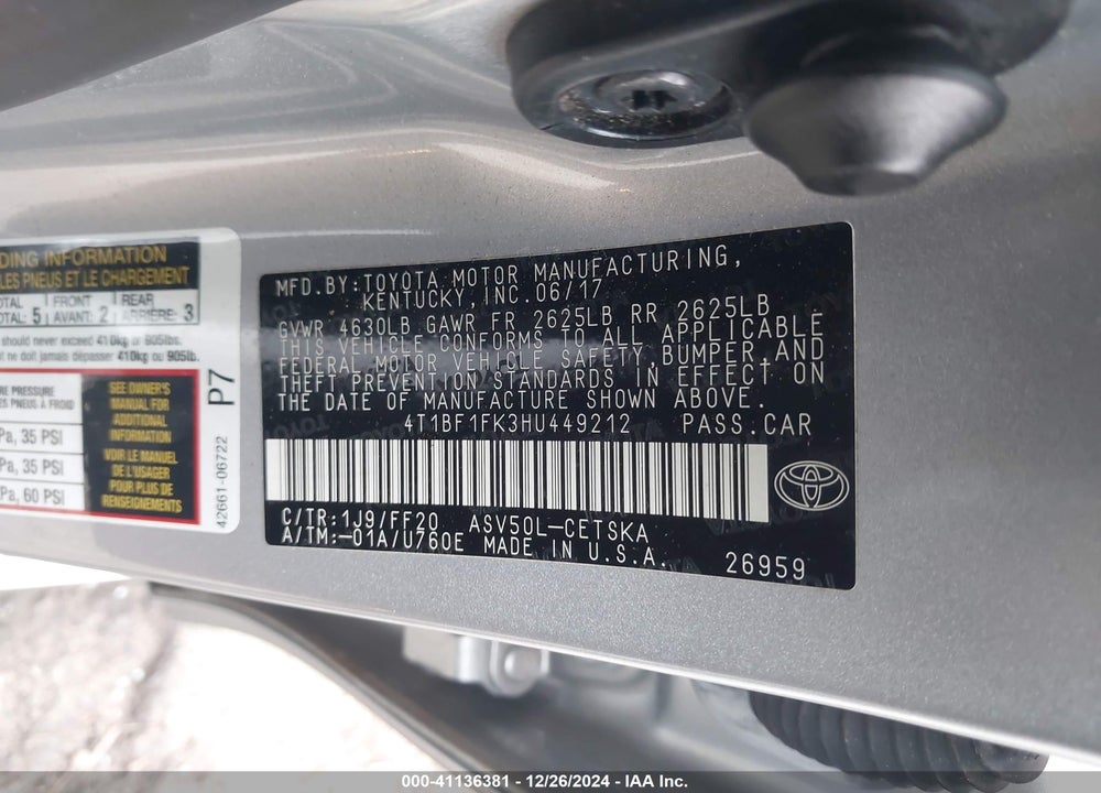 2017 TOYOTA CAMRY SE VIN: 4T1BF1FK3HU449212