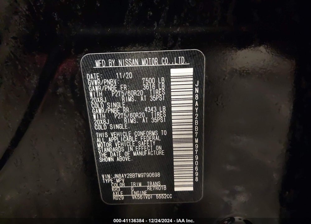 2021 NISSAN ARMADA VIN: JN8AY2BB7M9790698