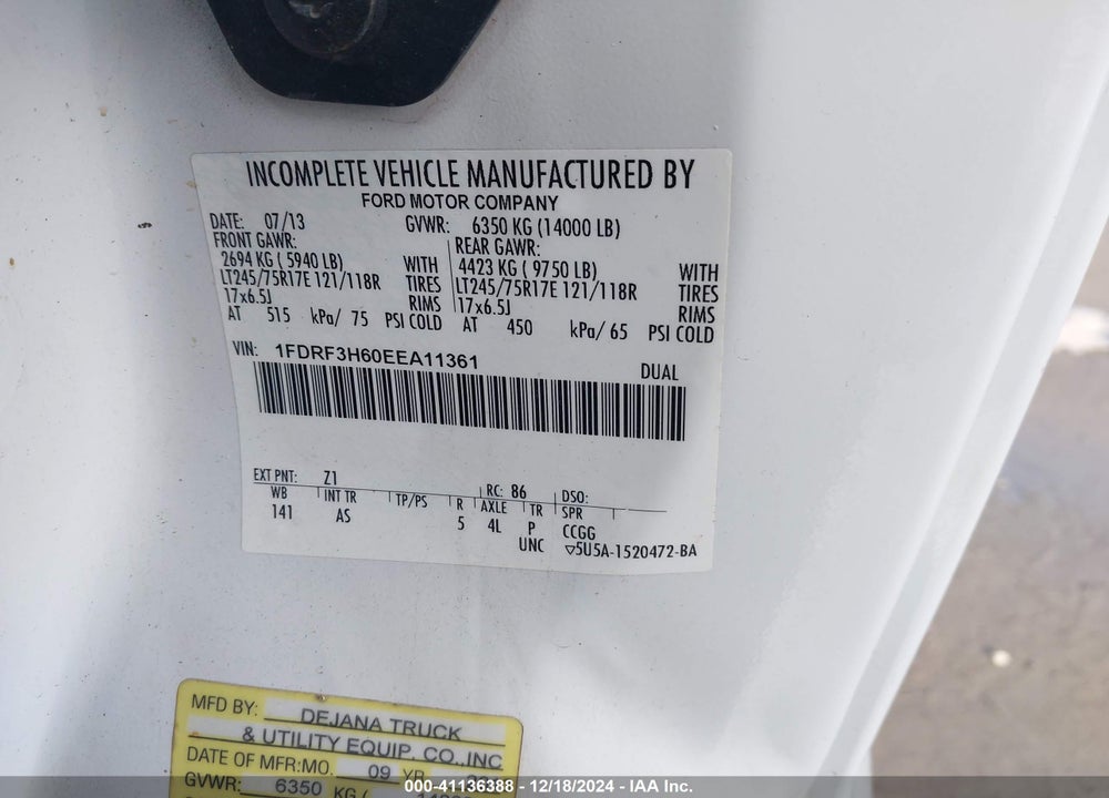 2014 FORD F-350 CHASSIS XL VIN: 1FDRF3H60EEA11361