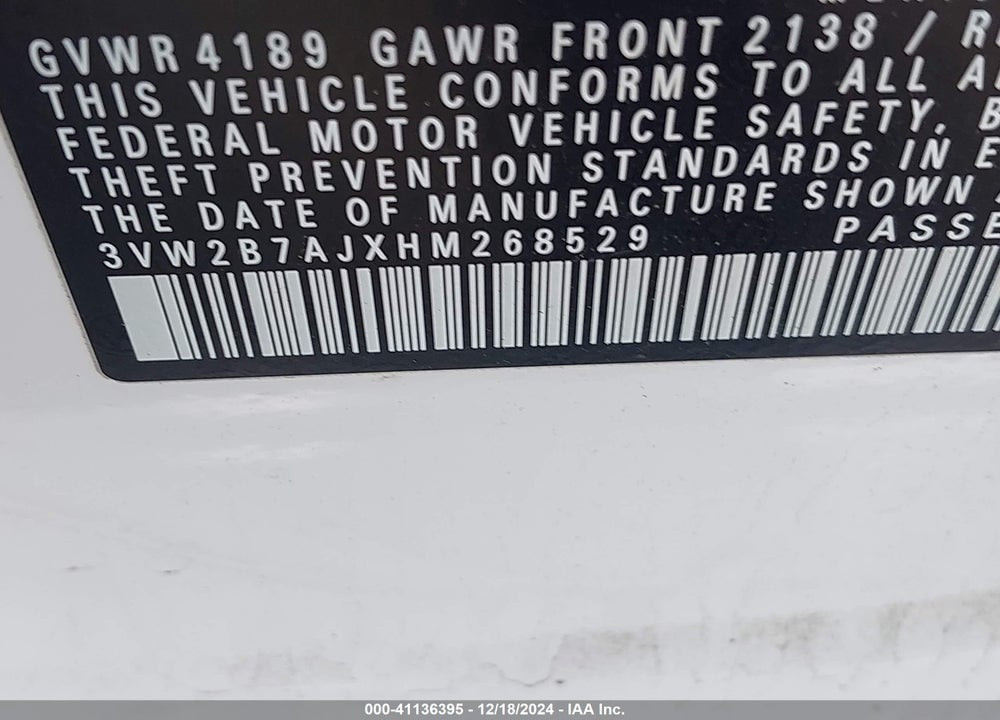2017 VOLKSWAGEN JETTA 1.4T S VIN: 3VW2B7AJXHM268529
