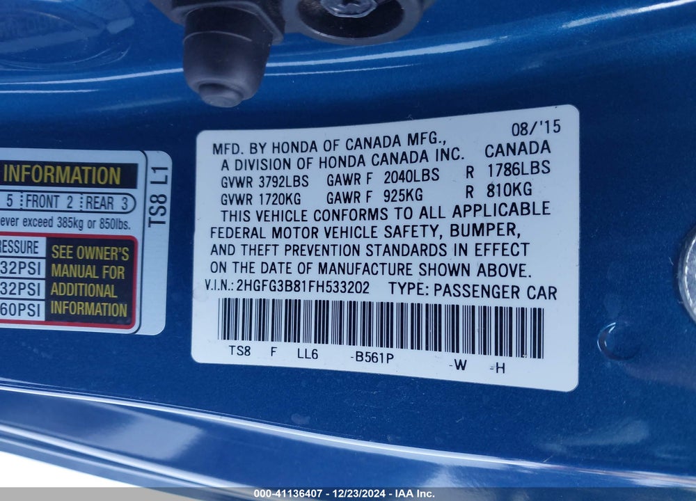 2015 HONDA CIVIC EX VIN: 2HGFG3B81FH533202