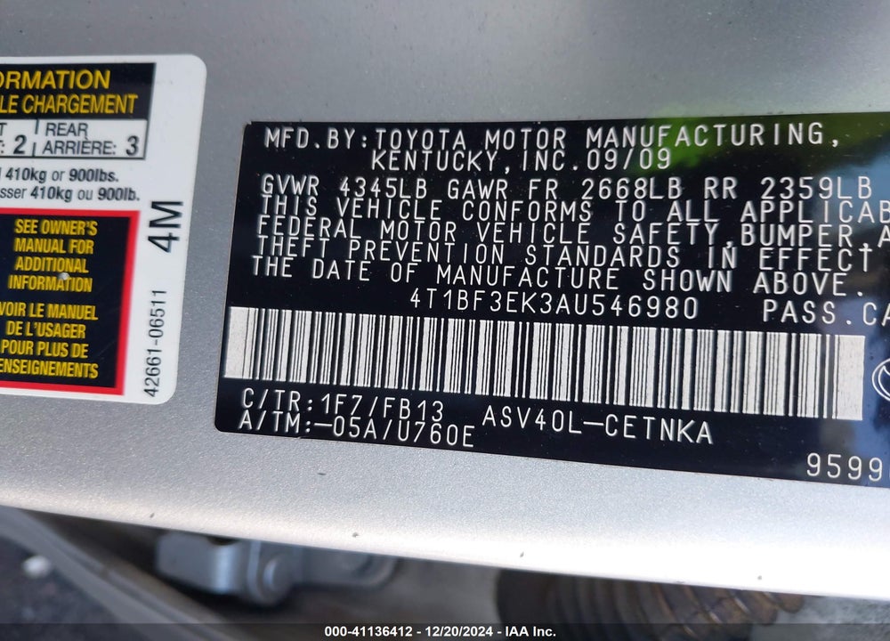 2010 TOYOTA CAMRY LE VIN: 4T1BF3EK3AU546980