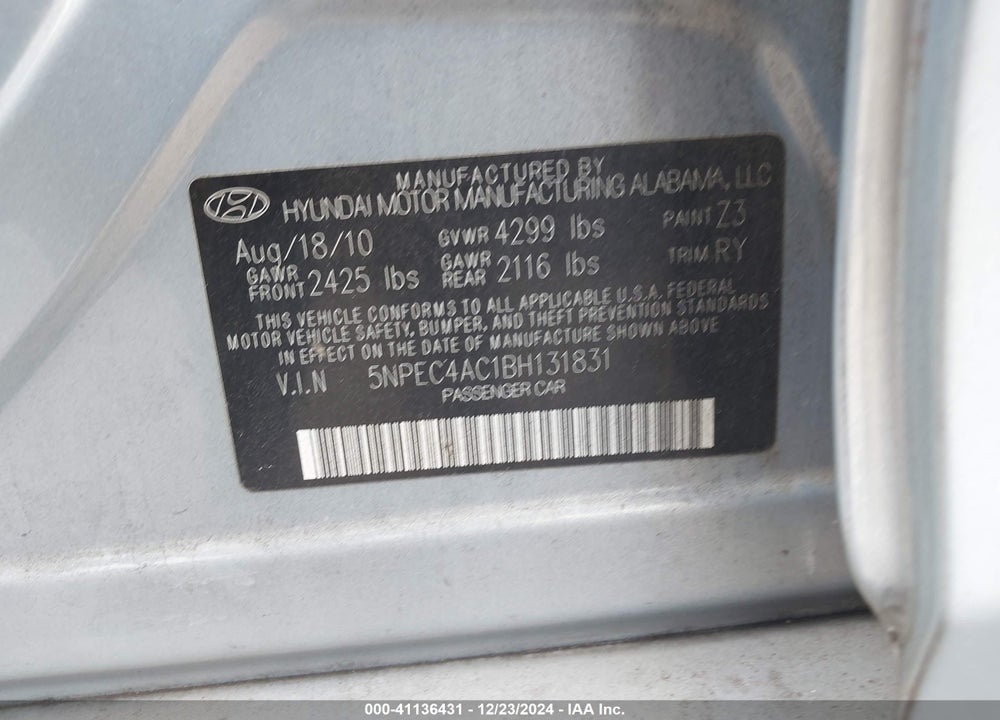 2011 HYUNDAI SONATA SE VIN: 5NPEC4AC1BH131831