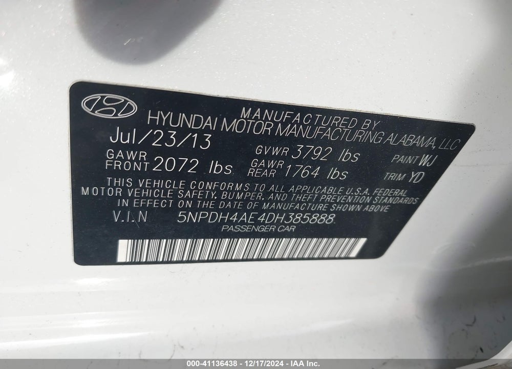 2013 HYUNDAI ELANTRA LIMITED VIN: 5NPDH4AE4DH385888