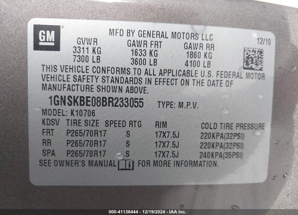 2011 CHEVROLET TAHOE LT VIN: 1GNSKBE08BR233055