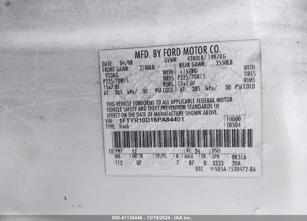 2008 FORD RANGER XL/XLT VIN: 1FTYR10D18PA84401