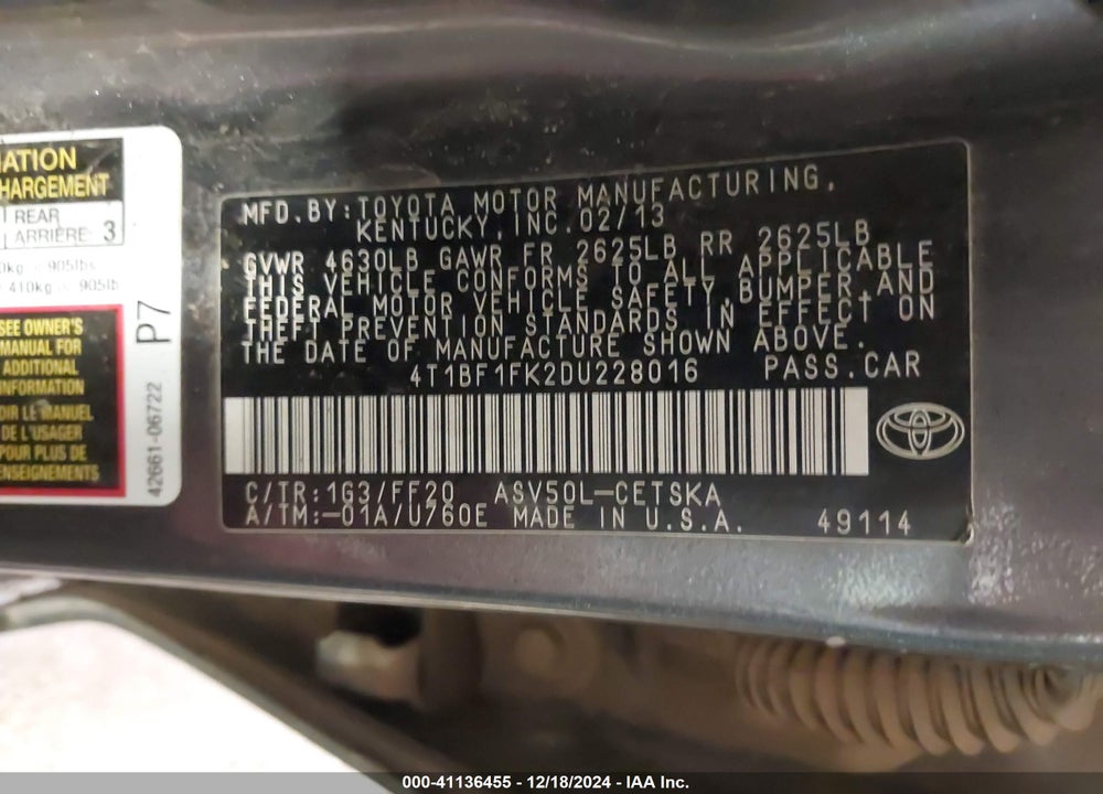 2013 TOYOTA CAMRY SE VIN: 4T1BF1FK2DU228016