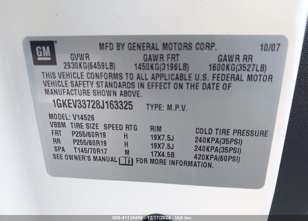 2008 GMC ACADIA SLT-2 VIN: 1GKEV33728J163325