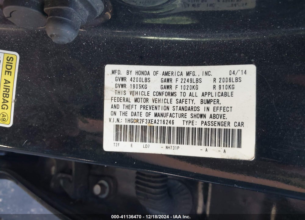 2014 HONDA ACCORD LX VIN: 1HGCR2F3XEA216246