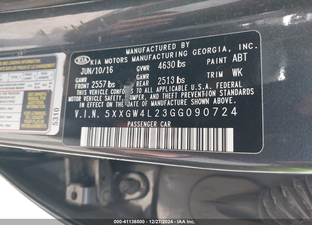 2016 KIA OPTIMA SX TURBO VIN: 5XXGW4L23GG090724