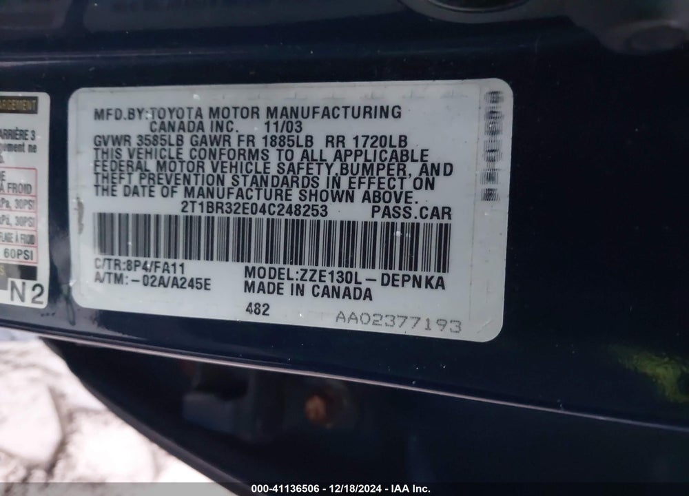 2004 TOYOTA COROLLA LE VIN: 2T1BR32E04C248253