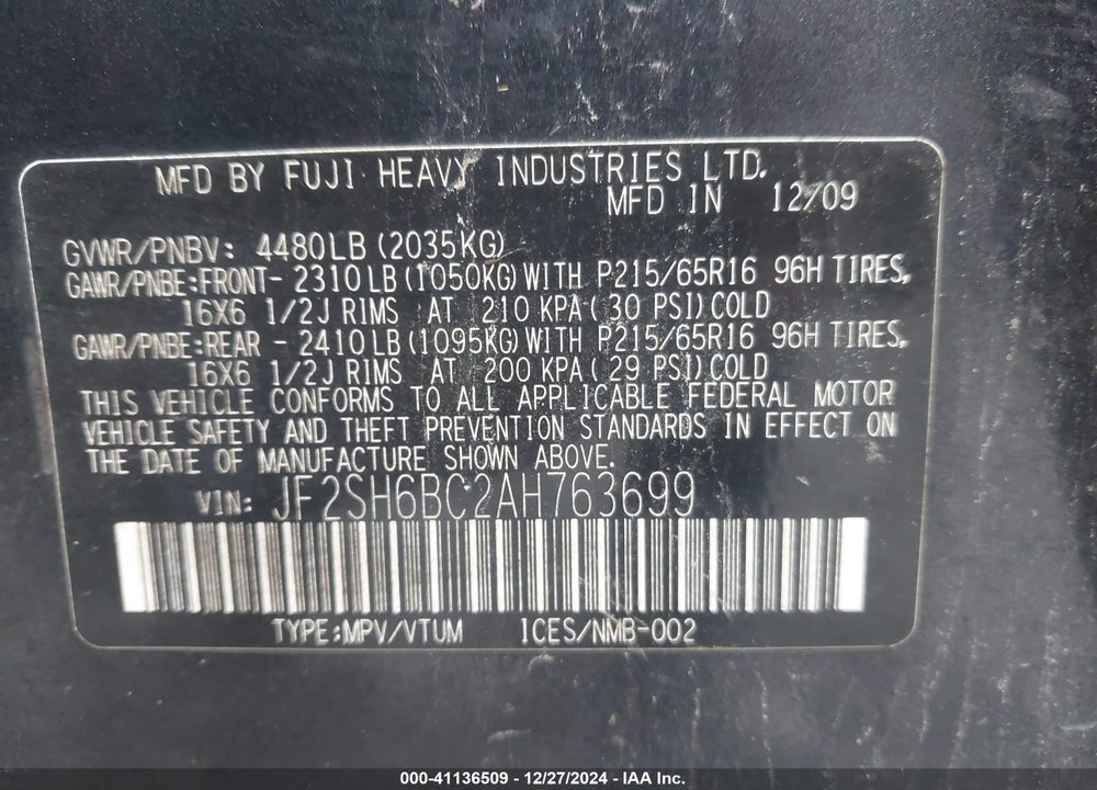 2010 SUBARU FORESTER 2.5X VIN: JF2SH6BC2AH763699