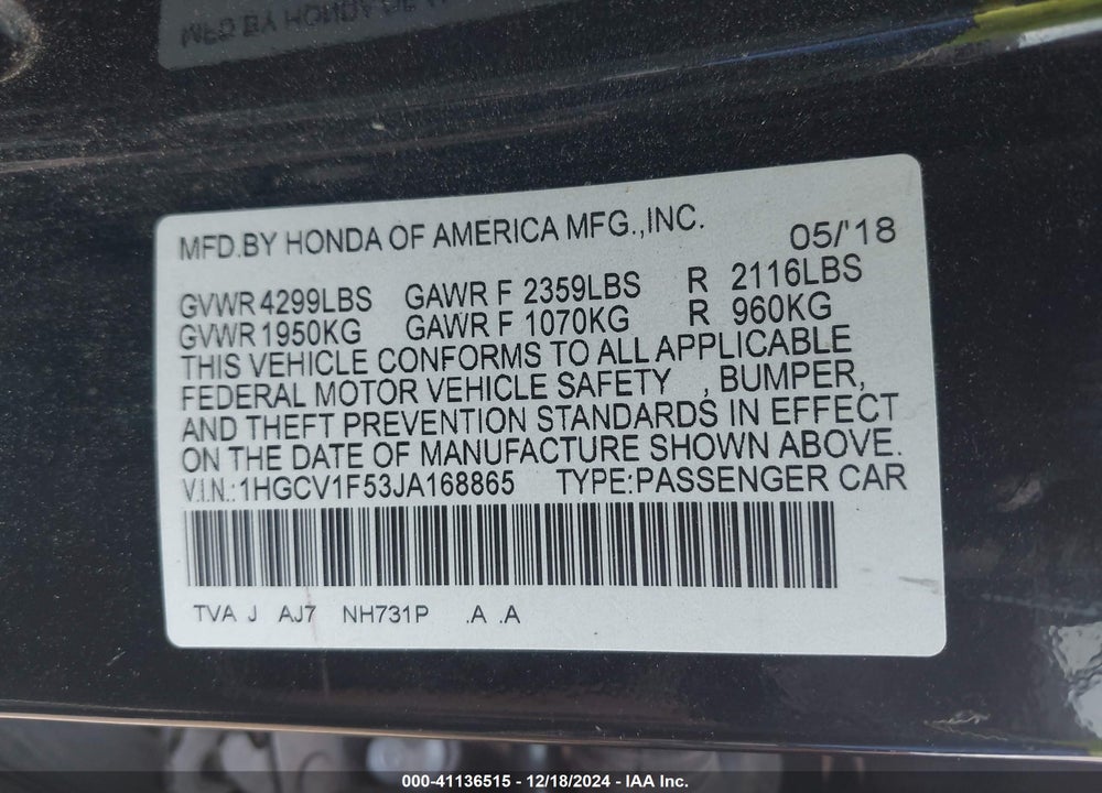 2018 HONDA ACCORD VIN: 1HGCV1F53JA168865