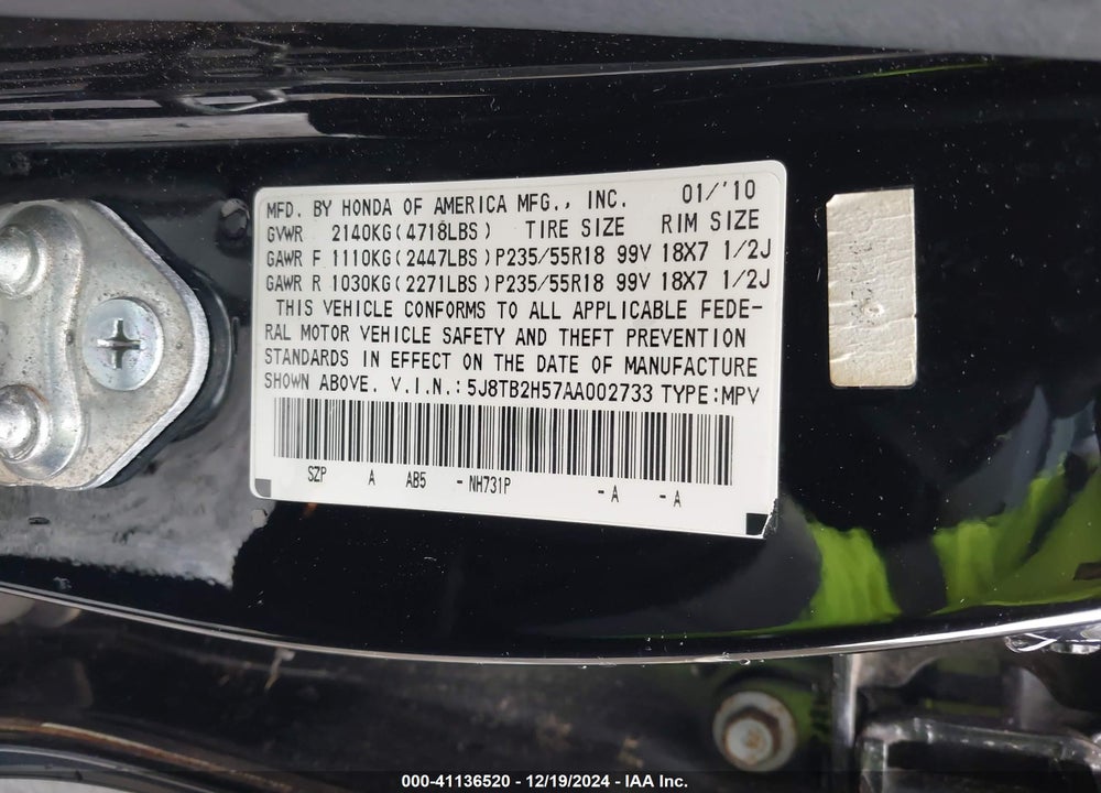 2010 ACURA RDX VIN: 5J8TB2H57AA002733