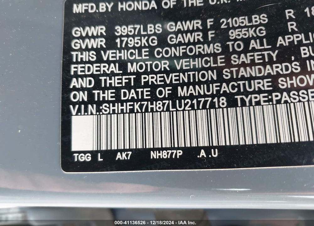 2020 HONDA CIVIC EX-L VIN: SHHFK7H87LU217718