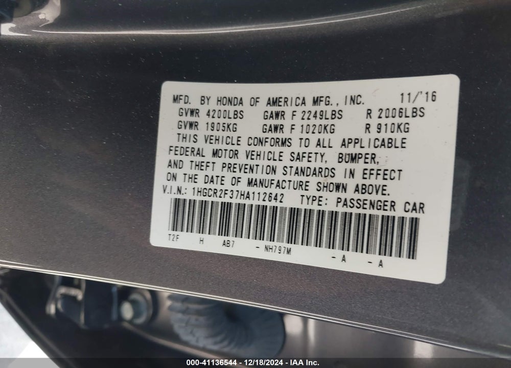 2017 HONDA ACCORD LX VIN: 1HGCR2F37HA112642