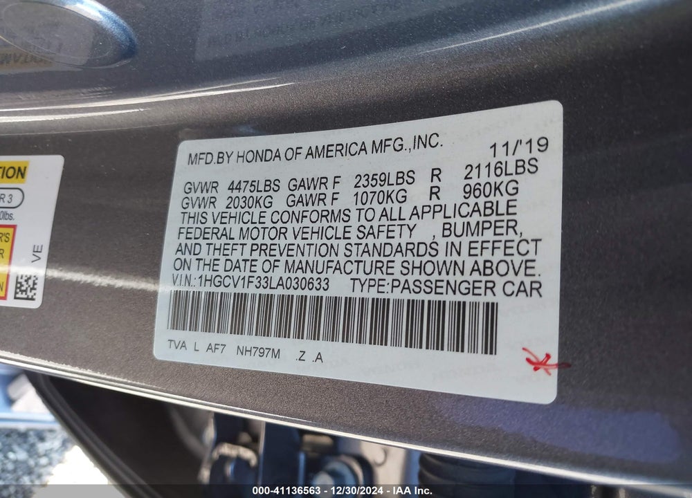2020 HONDA ACCORD VIN: 1HGCV1F33LA030633
