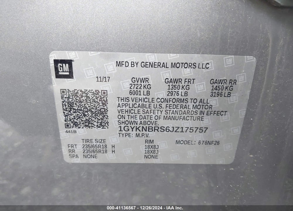 2018 CADILLAC XT5 STANDARD VIN: 1GYKNBRS6JZ175757