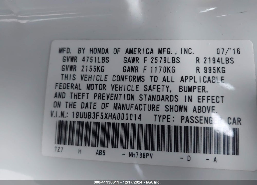 2017 ACURA TLX VIN: 19UUB3F5XHA000014